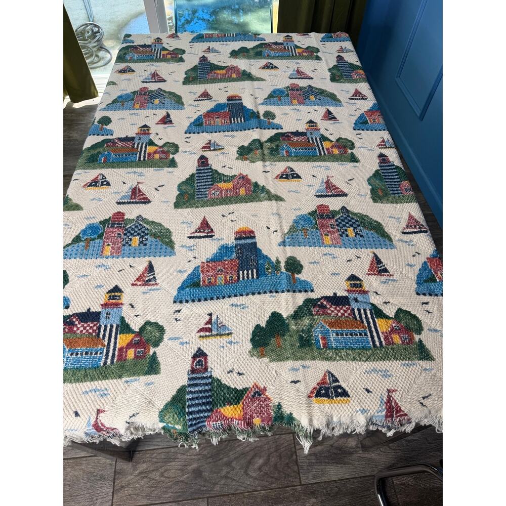 Vintage Woven Tapestry Throw Blanket Seaside Lighthouses, Sailboats and Seaside